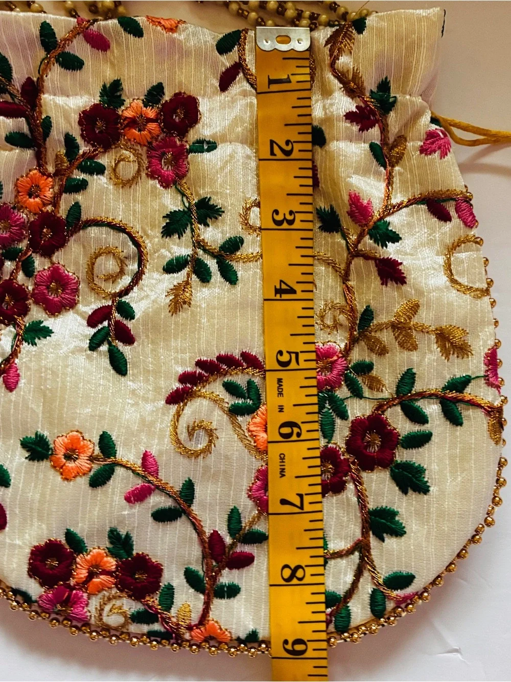 Embroidered Cream Floral Beaded Handle Women's Evening Bag